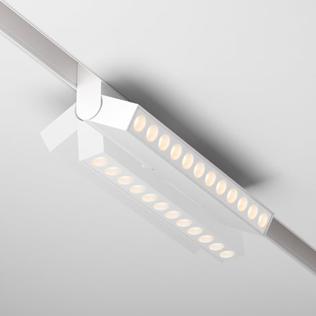 The Points Rot DALI CCT LED 12W light, an adjustable linear track fixture in white, offers a dimmable design with recessed circular LEDs and color temperature range from 2700-6000K, providing soft and even illumination.