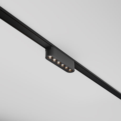 Close-up of the Points LED Linear Track Light for Magnetic Tracks Radity 6W 3000K - Black, featuring a sleek, minimalist design with six circular lights, mounted on a ceiling track against a plain white ceiling.