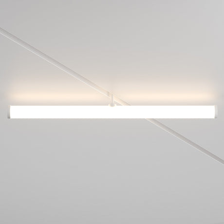 The Larc LED Rotating Linear Track Light, 25W 4000K in white, features a sleek horizontal tube design with energy-efficient LED technology. It is set against a subtly patterned white ceiling and casts a soft glow on the surrounding surface.