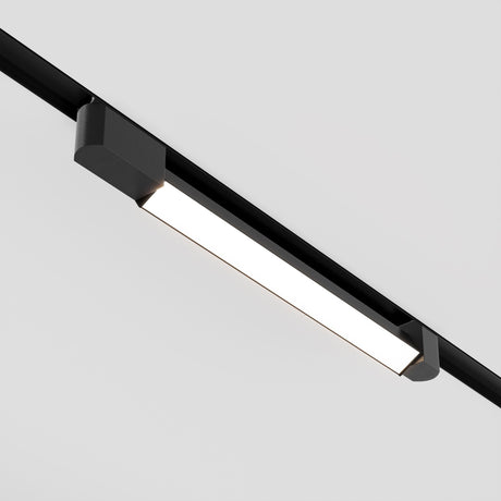 The Basis Rot LED Swivel Linear Track Light in black, with a 24W 4000K rectangular bar, illuminates a plain white ceiling. Its modern design provides bright, neutral lighting for a balanced room glow.