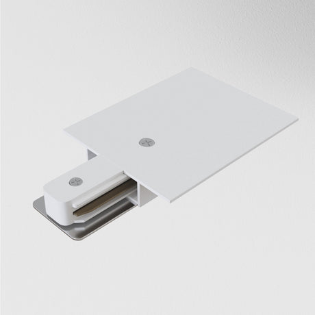 The Unity Tracks Power Feed - White is a modern, minimalist door mechanism with an aluminum construction. Its sleek, industrial design slides beneath a white rectangular panel and features visible screws on both the panel and the sliding part against a plain white background.