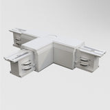 The 3-Phase Surface-Mounted Track Trinity Right T-Shaped Connector in white, featuring sliding sections and circular elements, complements modern interiors, set against a plain white background.