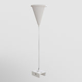 A 3-Phase Surface-Mounted Track Trinity Suspension Cable in white, featuring a cone shape and a clamp-like rectangular base for easy attachment. Adjustable and perfect for modern interiors, its similar to sleek track lighting systems against a light gray background.
