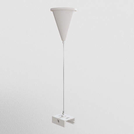 A 3-Phase Surface-Mounted Track Trinity Suspension Cable in white, featuring a cone shape and a clamp-like rectangular base for easy attachment. Adjustable and perfect for modern interiors, its similar to sleek track lighting systems against a light gray background.