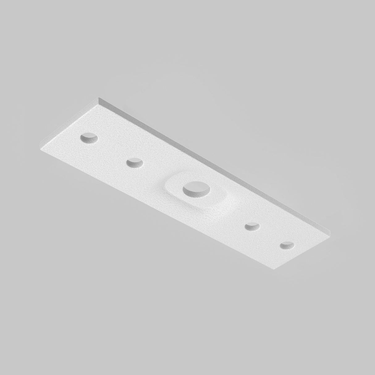 The Exility Magnetic Surface-Mounted Track Straight Connector - White is a rectangular metal bracket with five circular holes: one larger in the center and four smaller near the corners, set against a plain grey background, ideal for magnetic track lighting systems.