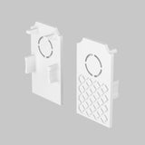 Two white, rectangular panels on a gray background resemble Exility End Cap 2-Pack for Built-in Tracks. Each has a circular cutout at the top and side tabs, with one panel showcasing a lattice design on its lower half.