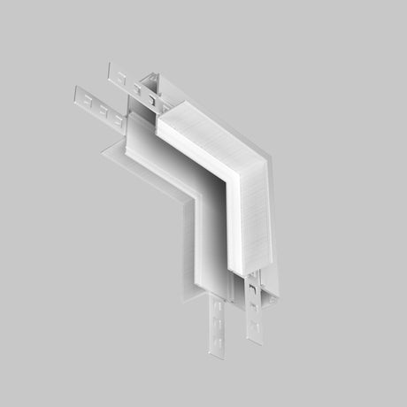 A complex 3D shape with interlocking, angular white layers resembles the Exility Tracks Internal Corner Connector for 12.5mm plasterboard, creating a magnetic track lighting effect against a light gray background with intricate overlapping geometrical patterns.