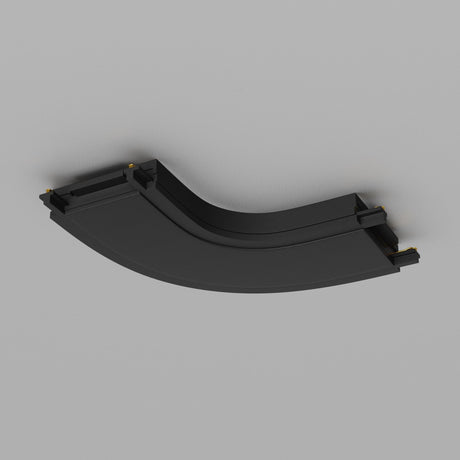 A black curved track piece, the Radity Magnetic Track Curved Power Connector, featuring magnetic connectors on a light gray background, resembles part of a race car or train set.