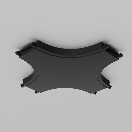The Radity Magnetic Track X-Shaped Power Connector in black is a curved track section for slot car racing sets. It features end connectors for easy attachment and allows smooth lane changes, compatible with magnetic track systems for enhanced performance.