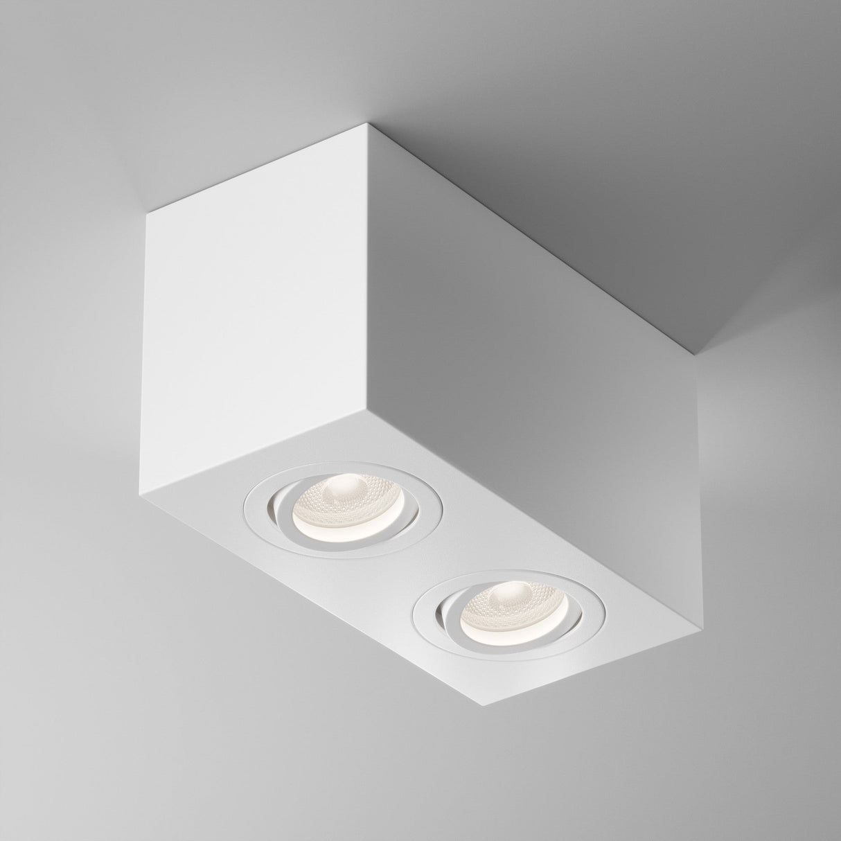 Mobility and control feature of the Atom Twin Adjustable Rectangular Surface Mounted Downlight in white, ideal for flexible lighting needs.
