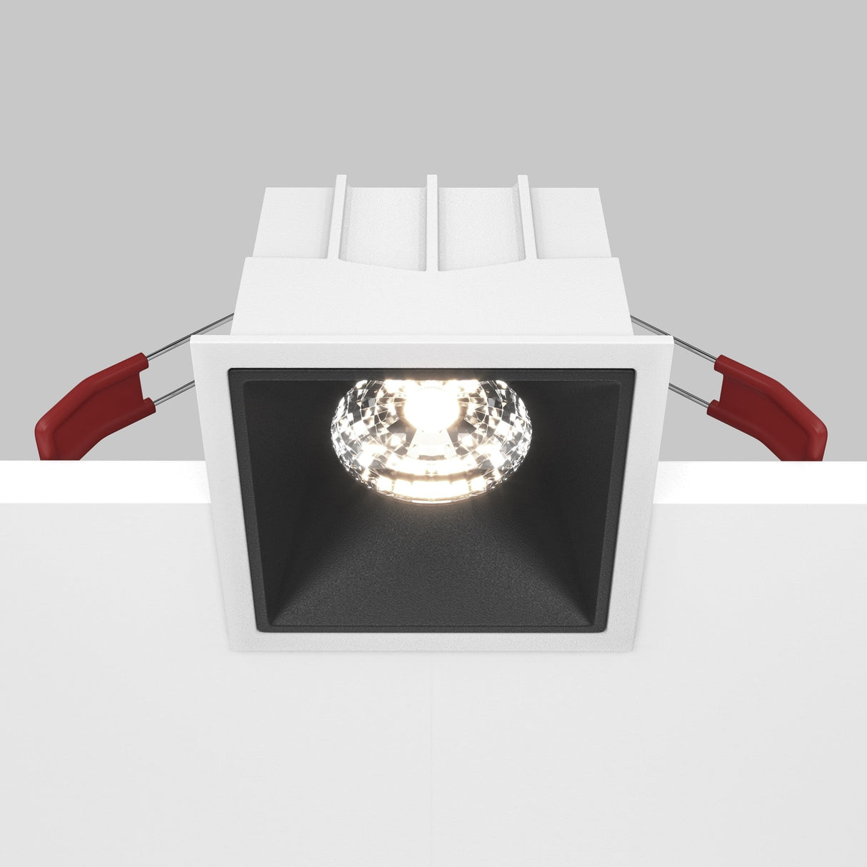 Mobility and control feature of the Alfa LED Dimmable Fixed Square Recessed Downlight in white and black, providing adaptable illumination.