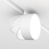 The Rado DALI CCT LED Dimmable Magnetic Exility Track Spotlight in white is a sleek, minimalist 18W ceiling fixture. It features a circular light with adjustable swivel capabilities on a silver track and offers 2700-6000K color temperature range.