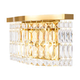 The Dune 2 Light Crystal Wall Light - Gold features a luxe classic style with a gold frame and cascading rectangular clear crystals, producing a sparkling effect. Light reflects warmly through the gold-finished metal fittings and crystals, exuding elegant sophistication.