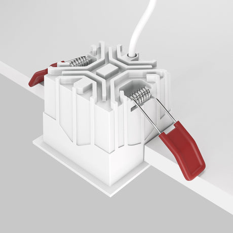 Alfa LED Dimmable Fixed Square Recessed Downlight with mounting components, ensuring easy installation and a sleek look in any setting
