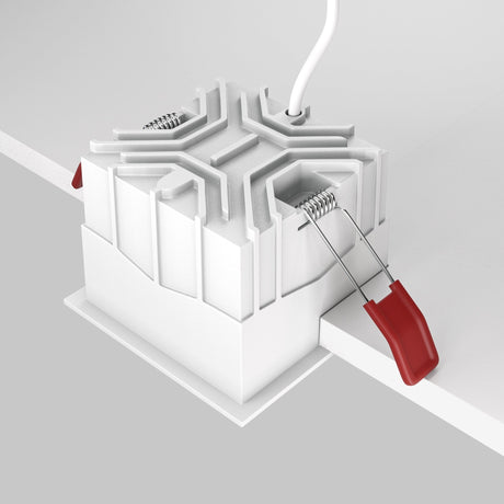 Mounting components for the Alfa LED Dimmable Fixed Square Recessed Downlight in white and black, facilitating easy installation.