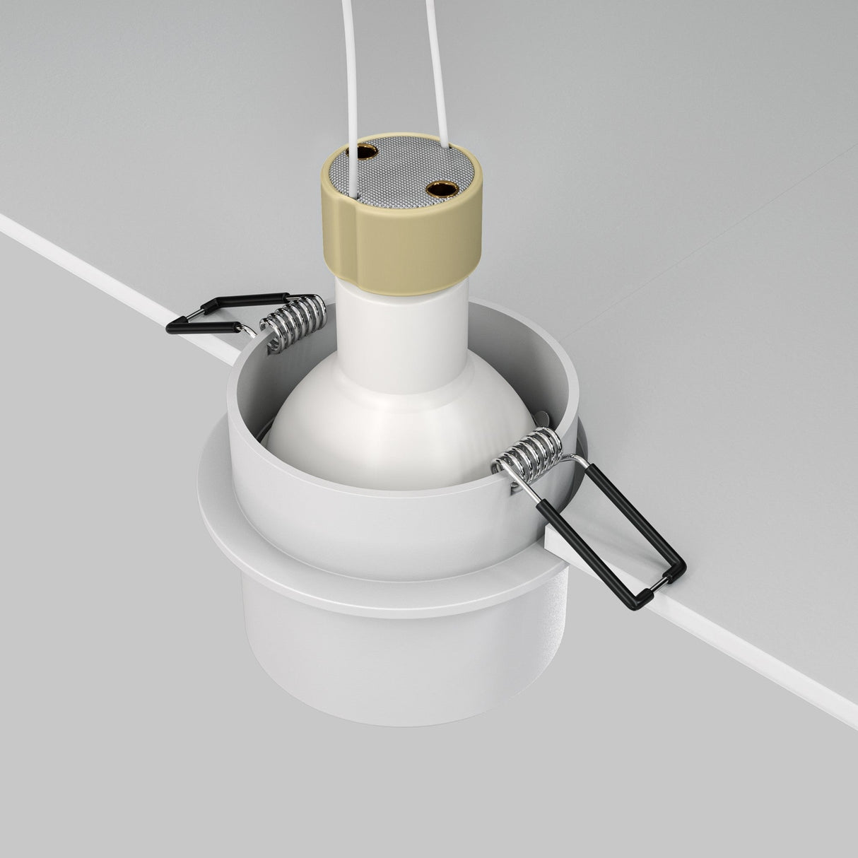 The Reif Round Recessed Downlight With Extended Rim - White & Gold is partially installed, featuring a circular housing with mounting clips and two wires extending from the top, neatly set against a white ceiling panel.