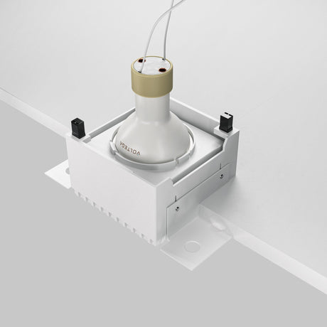 Mounting components for Share square plaster-in fixed recessed downlight in white, detailing its installation.