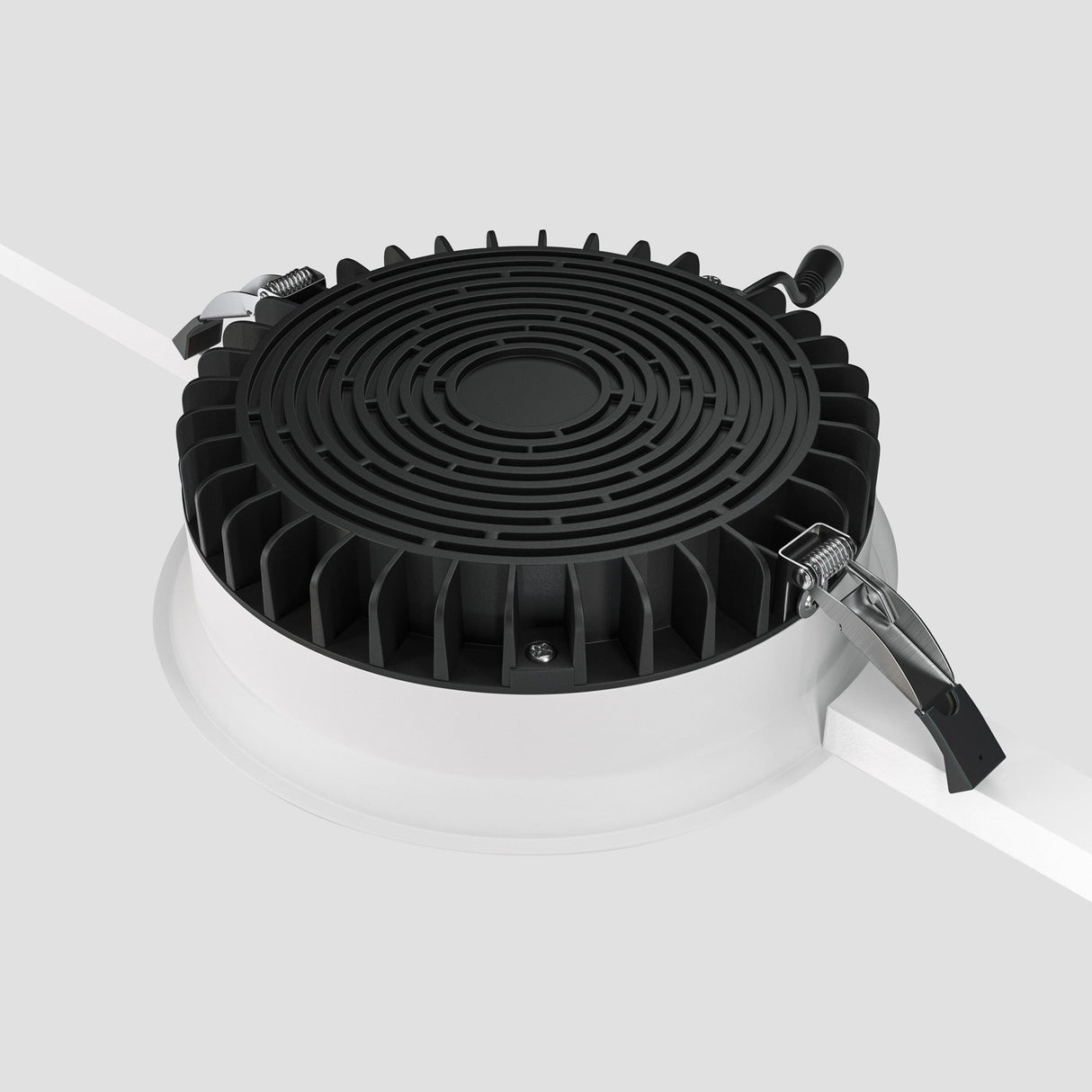 Mounting components of Okno LED Round Recessed Downlight in White, designed for effortless installation in recessed configurations.
