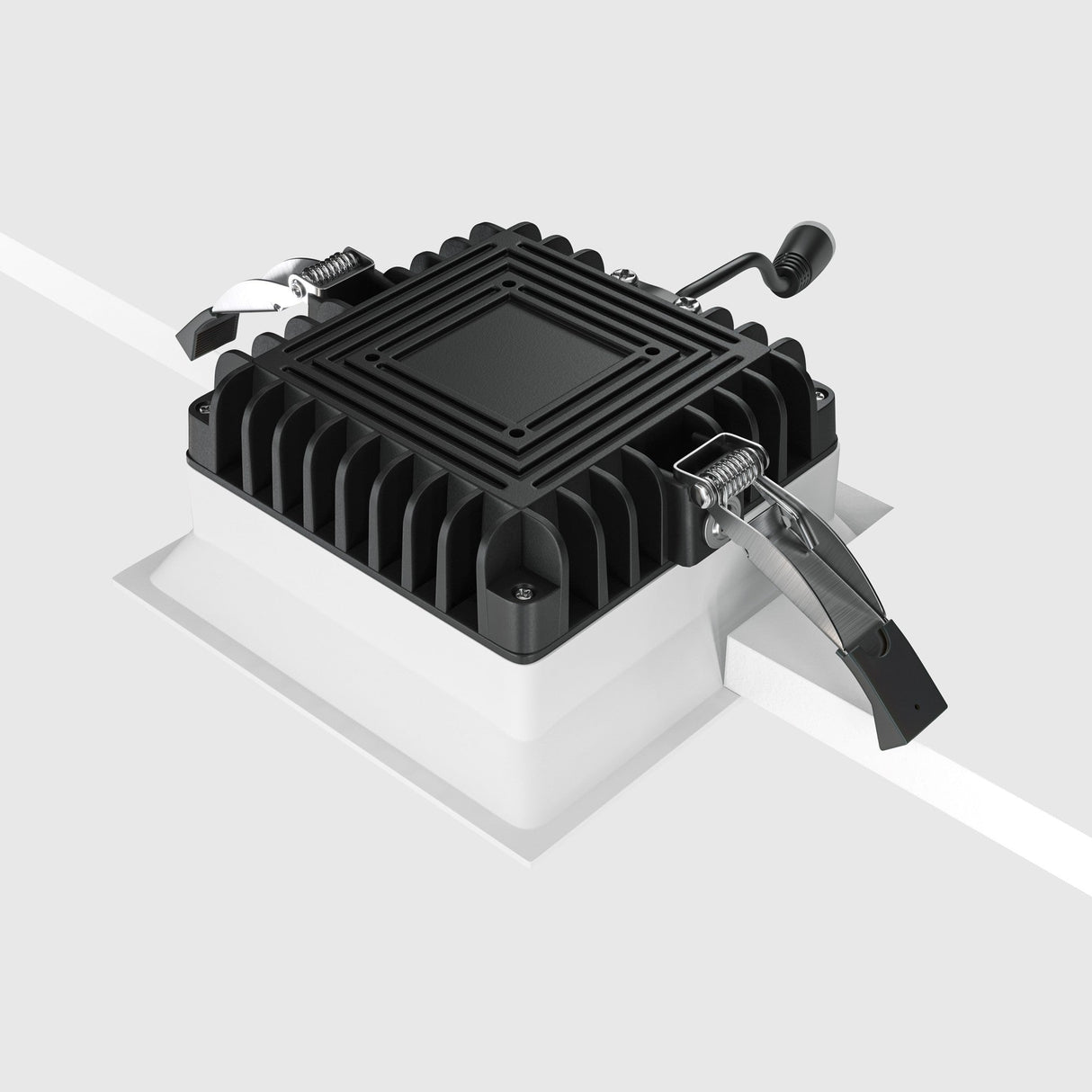 Mounting components for Okno LED Square Recessed Downlight in white, showcasing compatibility with various ceiling setups