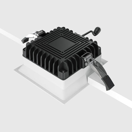Mounting components for Okno LED Square Recessed Downlight in white, highlighting installation versatility and compatibility