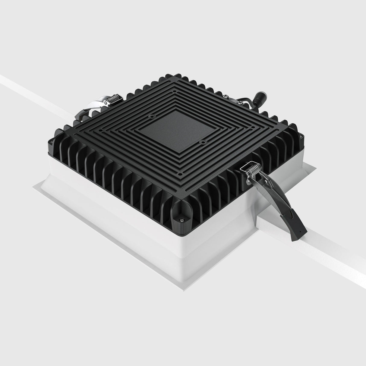 Mounting components of Okno LED Square Recessed Downlight in White, showcasing compatibility with recessed installations for easy setup.