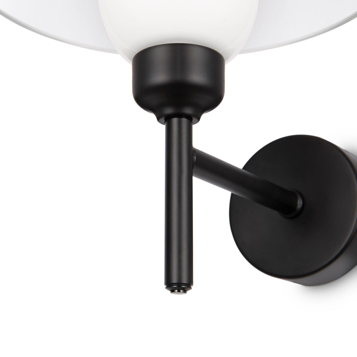 Close-up of the Memory Wall Light - Black With White Glass Diffuser, featuring a sleek black arm, an opal white glass diffuser, and a minimalist design attached to a round black base.