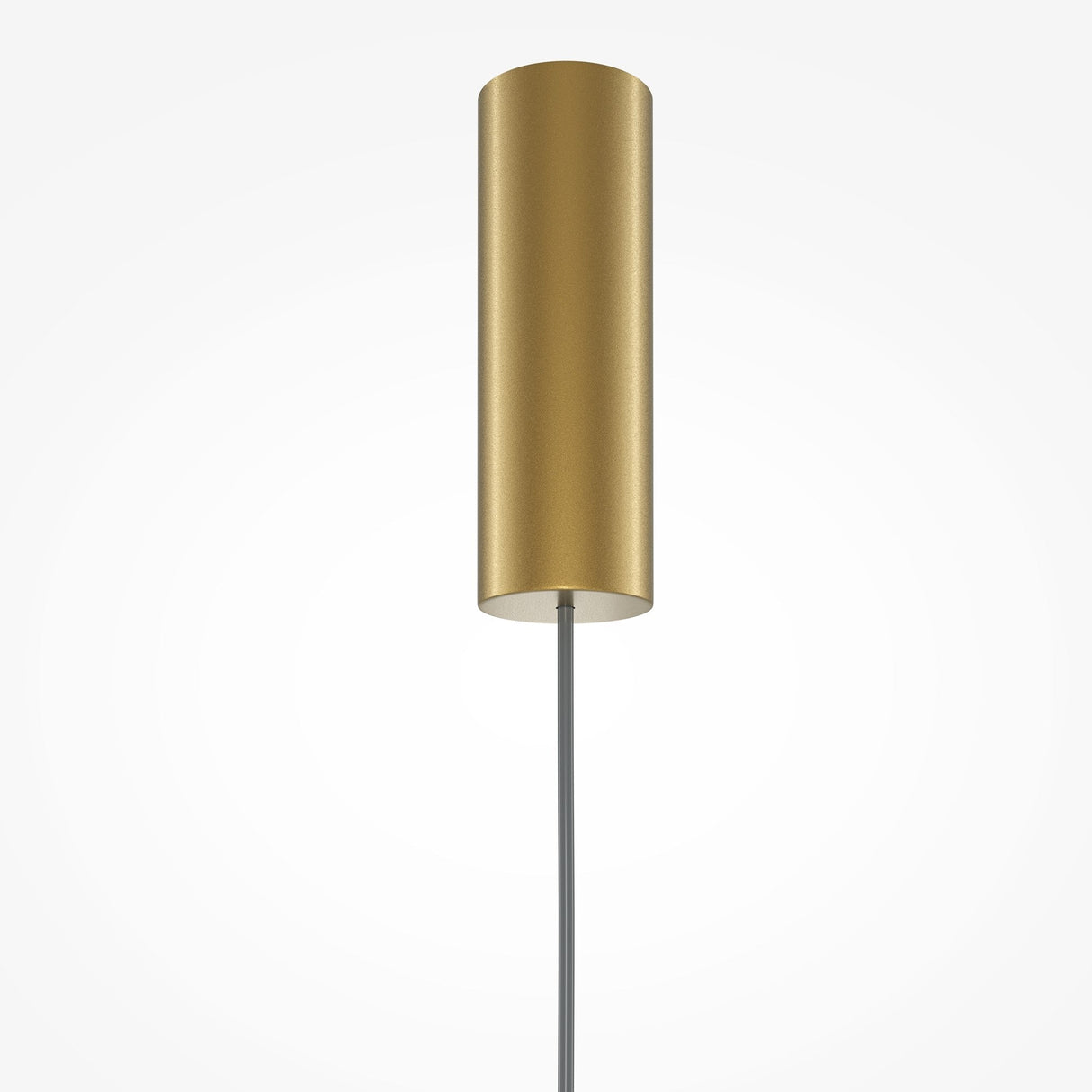 The Kyoto LED Pendant Light - Gold With Glossy White Glass boasts a sleek cylindrical design, ideal for modern interiors, hanging vertically against a white backdrop with a thin dark cable and energy-efficient LED lighting.