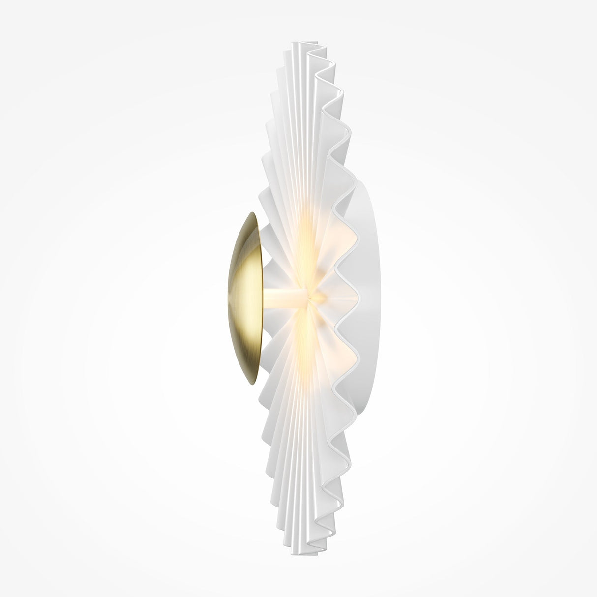 The Fiore Dimmable LED Circle Disc Wall Light in brass features a modern design with a central light source, symmetrical round base, accordion-like pleated white shade, and dimmable function. It emits a radiant effect with a warm, soft glow.