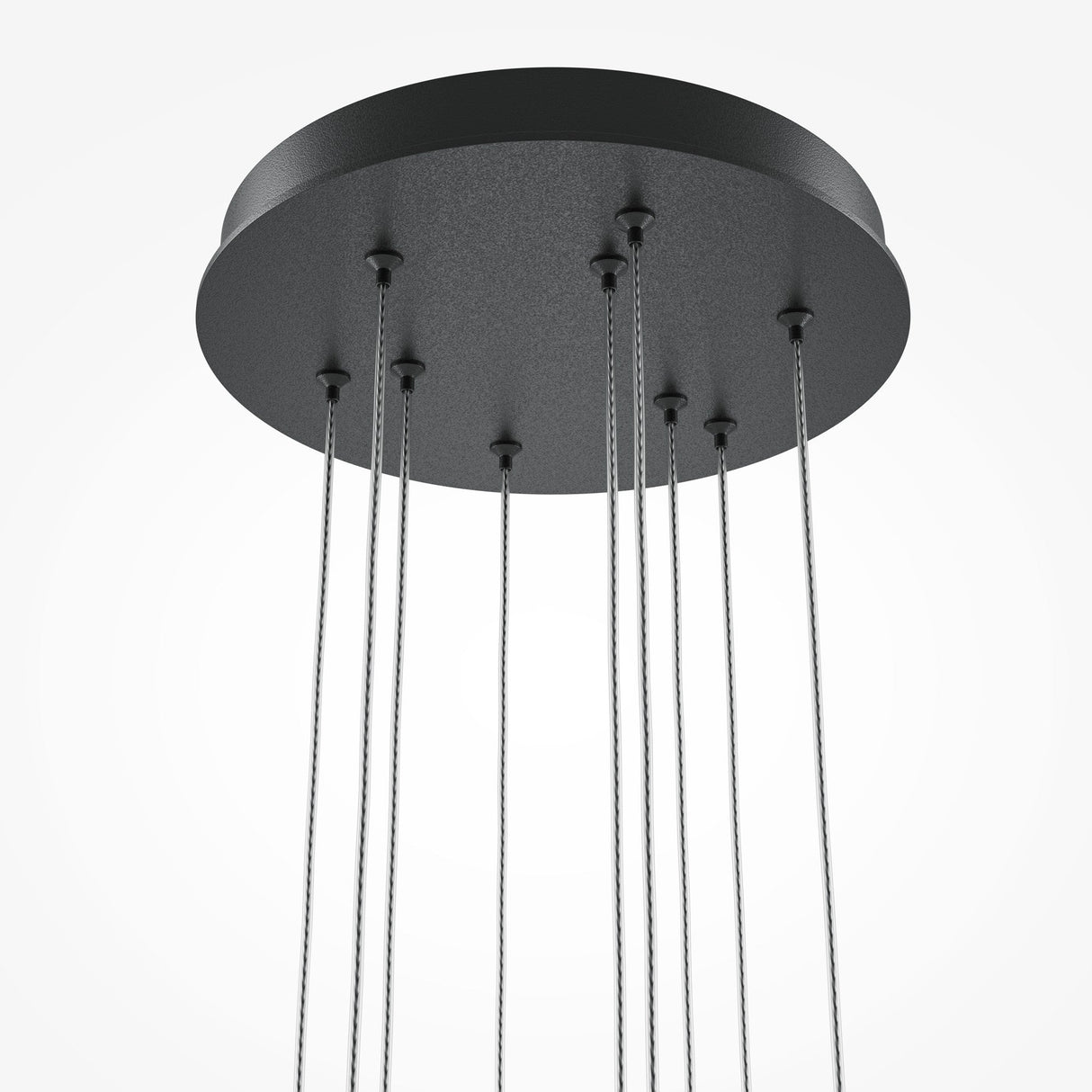 Close-up of the Light Stick LED Dimmable Pendant in black, showcasing minimalist elegance with sleek cables hanging from a circular base against a white background.