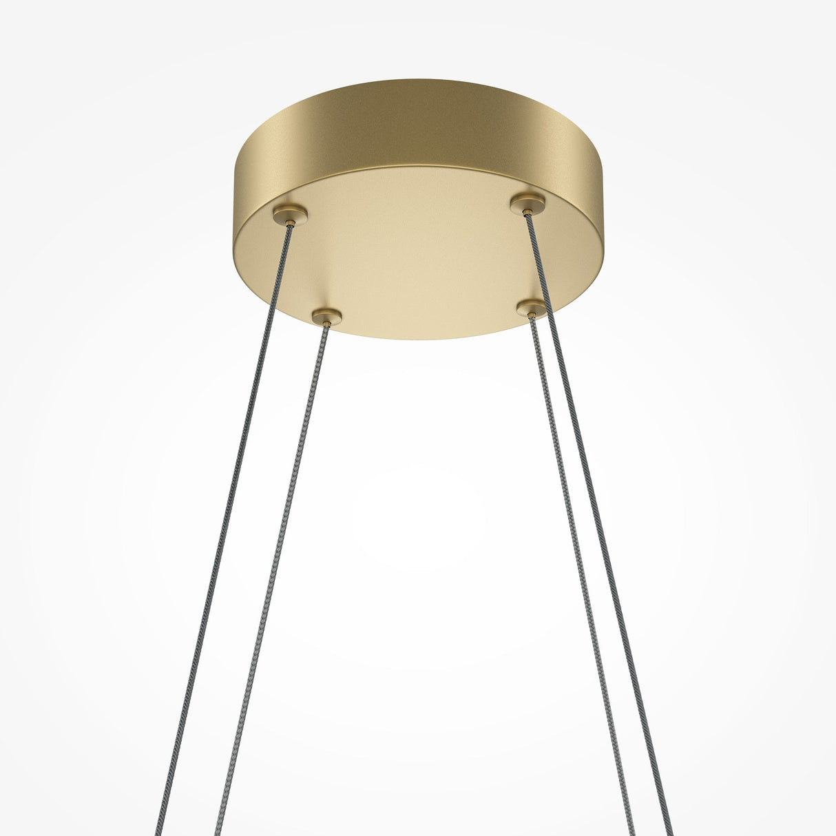 A brass ceiling fixture featuring three black wires showcases the Halo Dimmable LED Suspension Light 2600-3500K, set against a plain white background. The dimmable function and adjustable color temperature allow customizable lighting for any ambiance.
