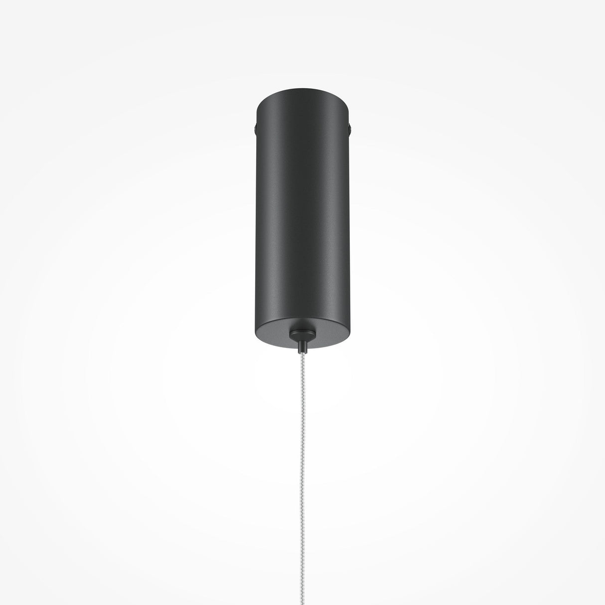 The Halo Dimmable LED Short Slim Pendant Light hangs from the ceiling with a thin black cord. The energy-efficient light is turned off, and the plain white background enhances its minimalist appearance.