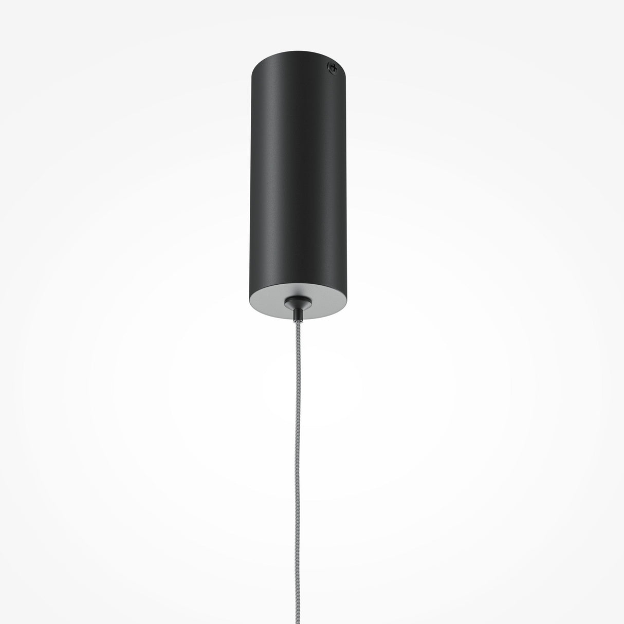 The Halo Dimmable LED Long Linear Suspension Light 3000-4000K in black is a sleek, cylindrical pendant with a minimalist design, featuring a dimmable LED and suspended by a thin braided cable against a plain white background.