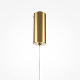 The Halo Dimmable 15W LED Long Slim Pendant Light in brass features a minimalist cylindrical design with a pull chain, adding elegance to its dimmable functionality, set against a plain white background.