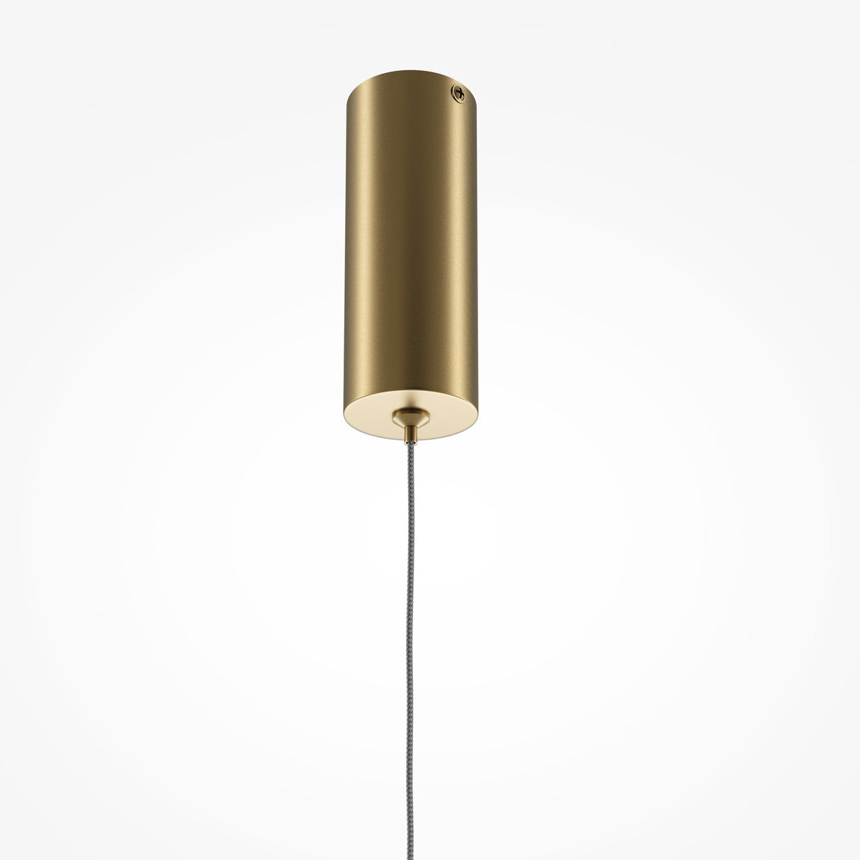 The Halo Dimmable LED Long Linear Suspension Light in brass, with its modern cylindrical design, elegantly hangs from a thin cord, showcasing its dimmable LED feature against a plain white background.