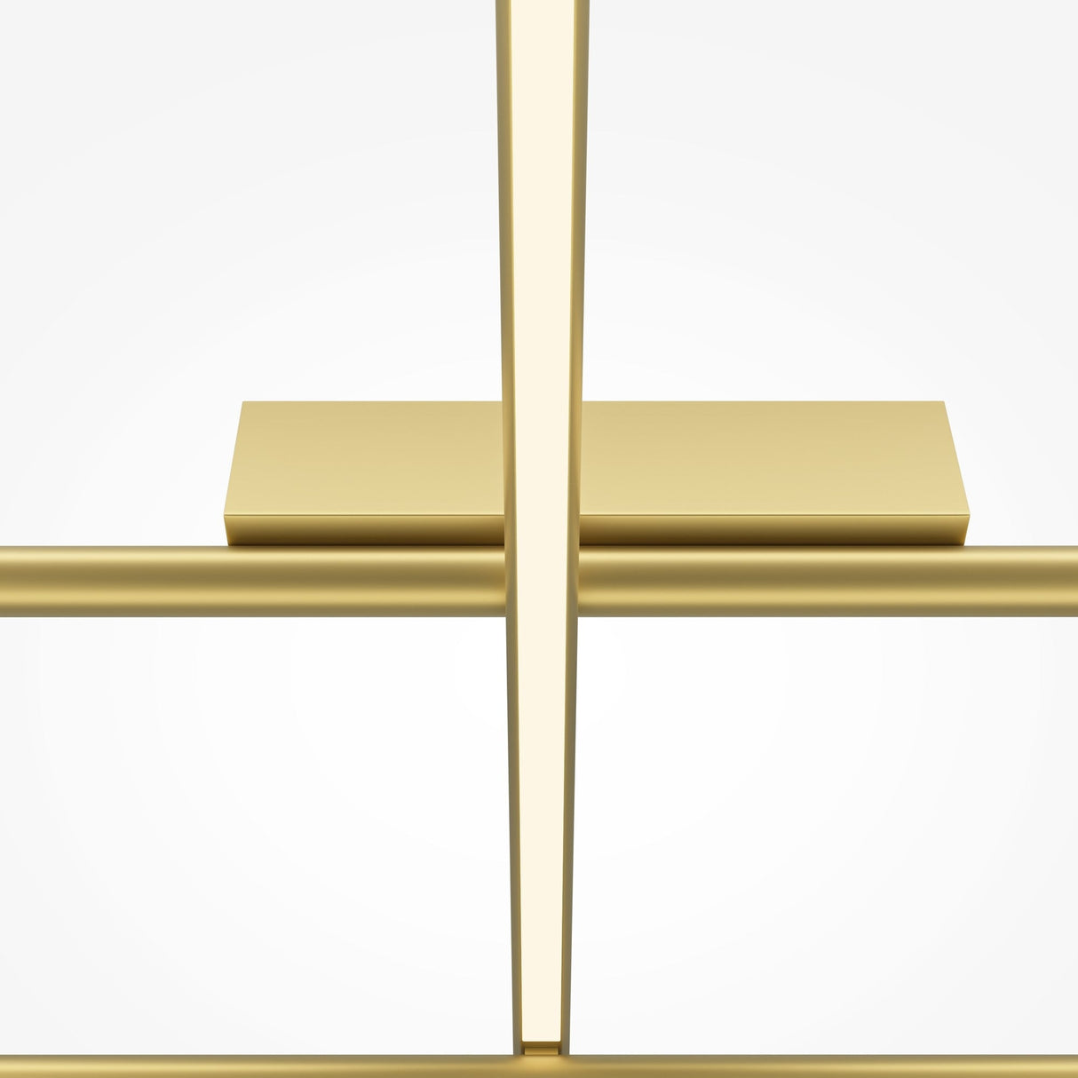 The Radiance LED Ceiling Light - Gold showcases a modern minimalist design with intersecting satin brass metal bars and a rectangular block, emphasizing clean geometric lines and energy-efficient illumination against a white background.