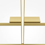 The Radiance LED Ceiling Light - Gold showcases a modern minimalist design with intersecting satin brass metal bars and a rectangular block, emphasizing clean geometric lines and energy-efficient illumination against a white background.