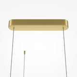 Close-up of the Radiance LED Extra Long Suspension Light - Gold, showcasing a gold rectangular base. Two thin cables provide energy-efficient lighting and a minimalist look against a white backdrop.