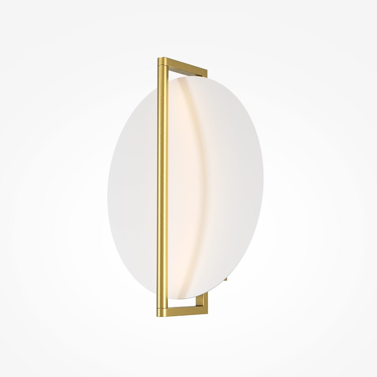 The Mira LED Wall Light features a circular design with a thin brass frame and gold finish. Its opaque white diffuser creates a soft glow, offering an energy-efficient, minimalist, and contemporary style that seamlessly mounts against a white background.