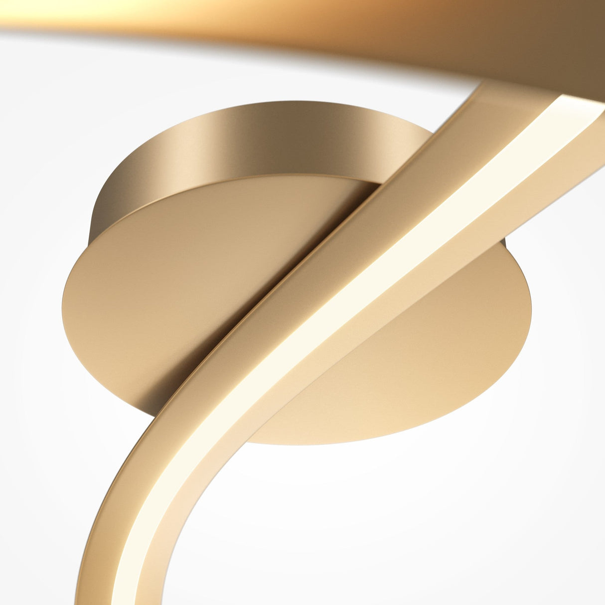 The Plons LED Ceiling Semi-Flush Light in gold features a sleek, curved design. This energy-efficient fixture emits a soft glow, highlighting its smooth finish against a white background.