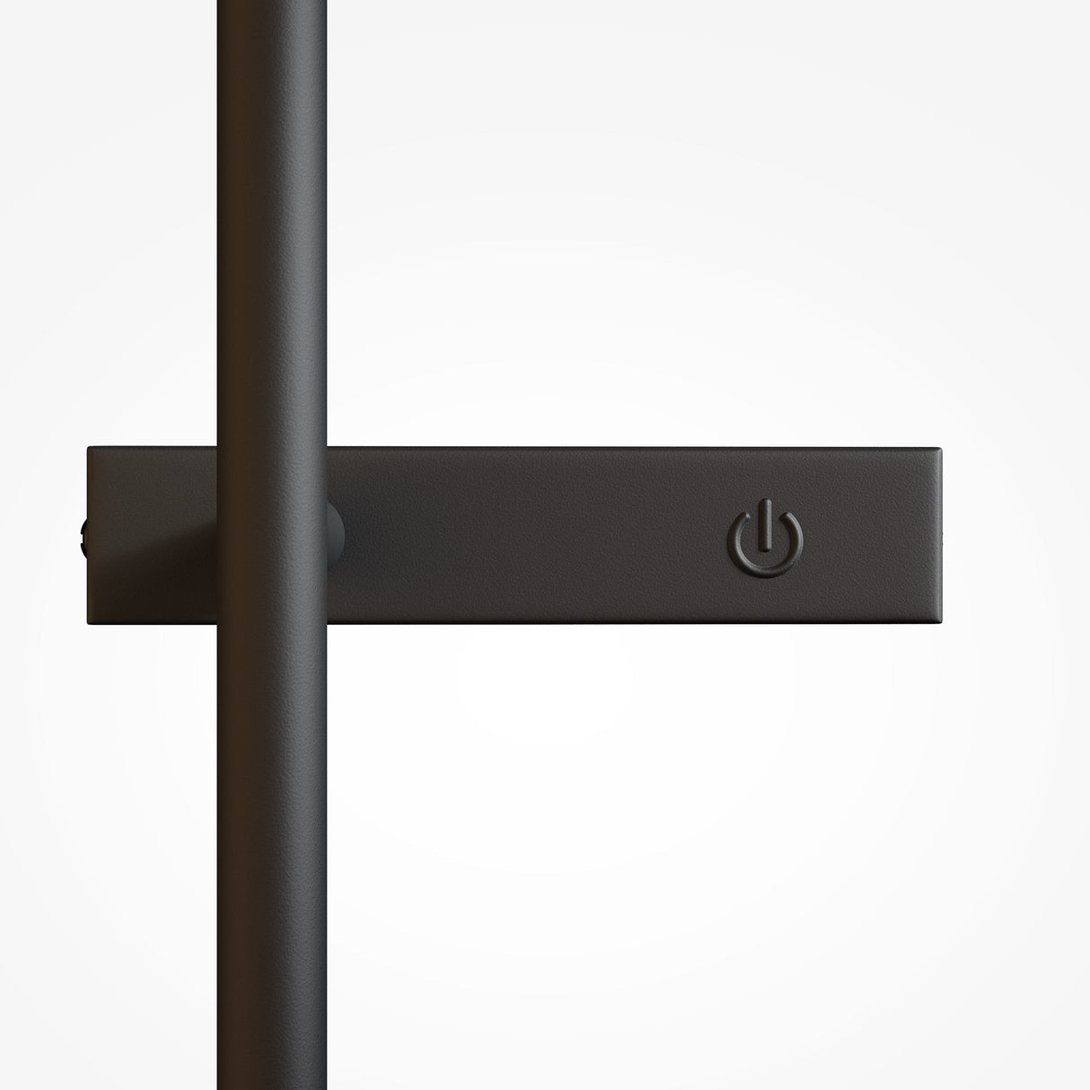 Close-up of the Touch LED 4-Step Touch Dimmable Wall Light 3000K 10W - Black, featuring a black metal bar intersecting with a rectangular component with a power symbol. The modern design stands out against a plain white background.