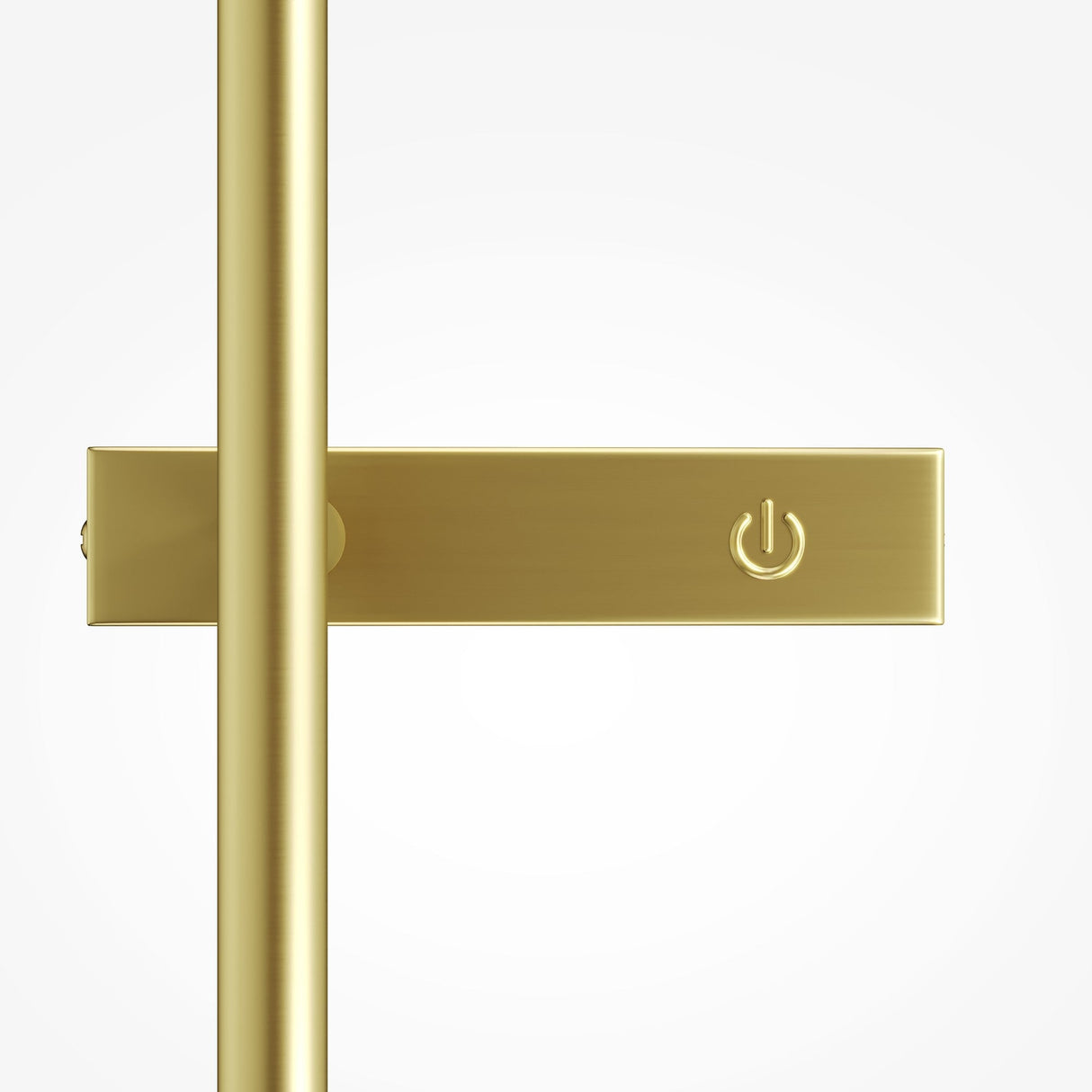 A close-up of the Touch LED 4-Step Touch Dimmable Wall Light, 3000K 10W in brass, features a sleek design with a crossbar and power symbol. The minimalistic metallic finish contrasts elegantly against the white background, reminiscent of a modern dimmer or electronic switch.