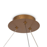 Close-up of the Balance 6 Light Suspension in gold, featuring a minimalist design with three hanging opal globes attached by cords against a white background.