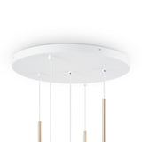 Close-up of the Basic Form 5 Light Cluster Pendant in white and gold, featuring a round white base, slender rods, and frosted opal glass globes. This minimalist design highlights clean lines and contemporary style.