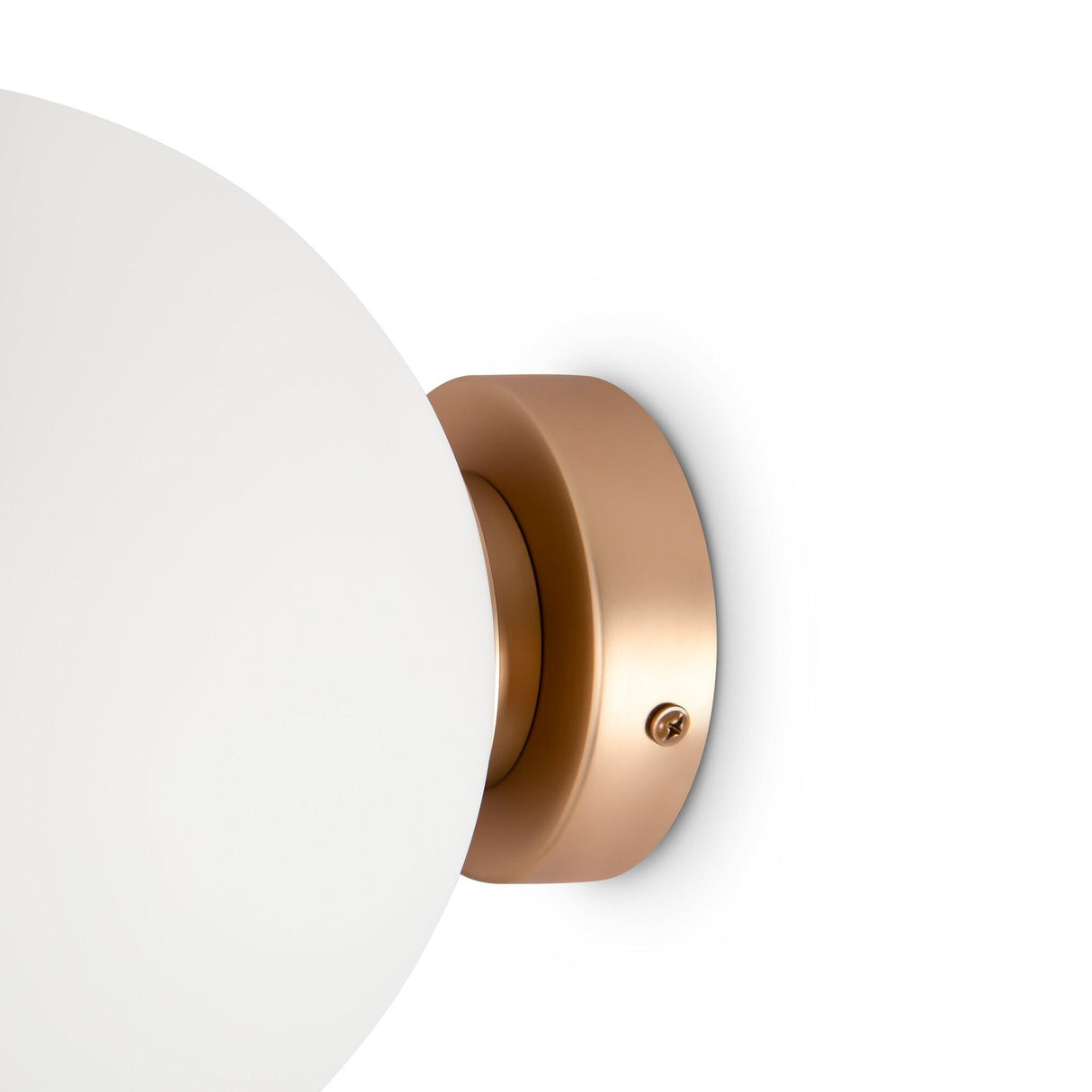 Close-up of the Basic form Big Frosted Ball Wall Light - Gold, featuring a white frosted spherical shade attached to a gold circular base. The minimalist design and elegant gold finish make it perfect for modern interiors against a white background.