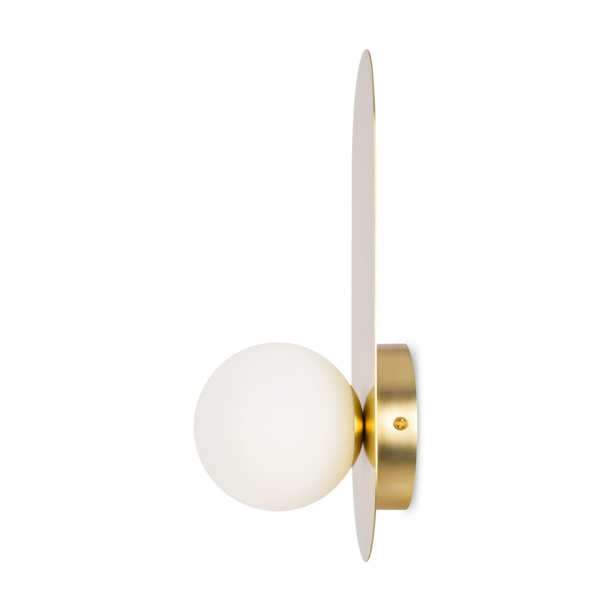 The Bao Wall Light - Gold is a luxurious wall sconce with a white frosted glass bulb on an elongated brass base. Its cylindrical support and circular backplate make it an elegant, minimalist addition to modern interiors.