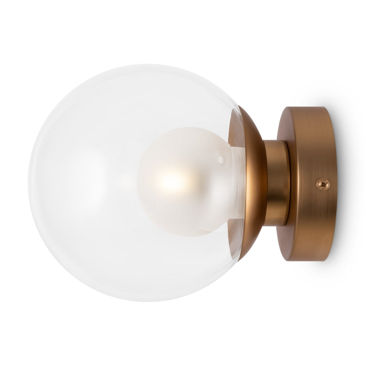 The Basic form Small Clear Ball Wall Light in gold is a sleek modern fixture featuring a visible bulb inside a clear glass globe that enhances its minimalist design.