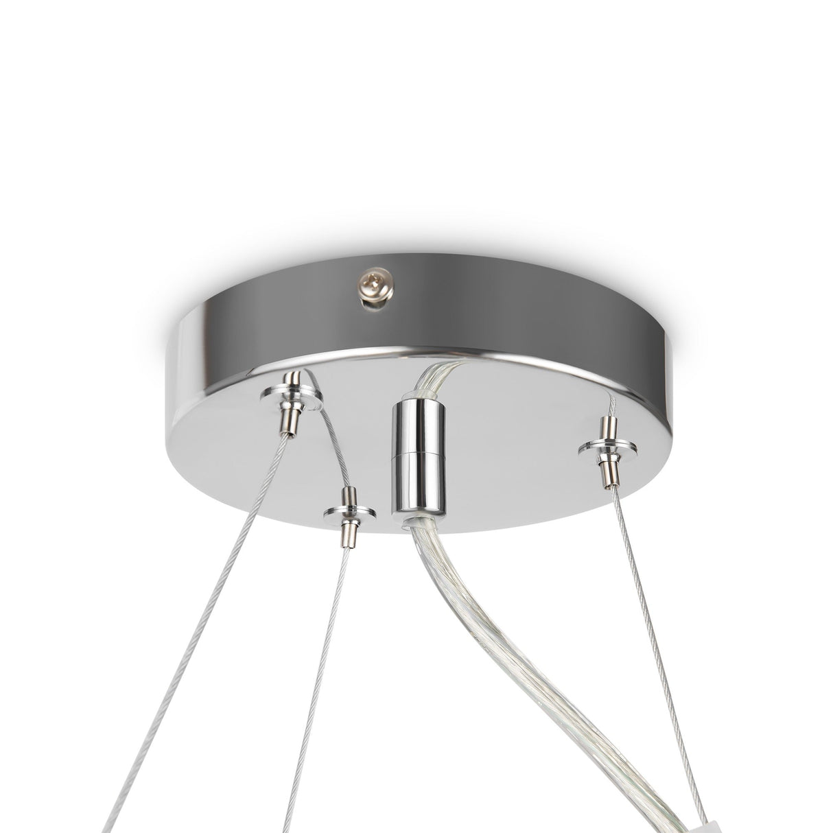 A close-up of the Dallas 11 Light Suspension features a round chrome base with sleek cords and visible wiring. This minimalist, contemporary ceiling light is elevated by a smoked glass pendant for an elegant and sophisticated look.
