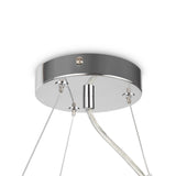 A close-up of the Dallas 11 Light Suspension features a round chrome base with sleek cords and visible wiring. This minimalist, contemporary ceiling light is elevated by a smoked glass pendant for an elegant and sophisticated look.