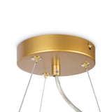 The Dallas 11 Light Suspension features a gold ceiling mount with a smooth, circular finish. Three transparent cables extend downwards, perfectly complementing the amber glass dome lamps.