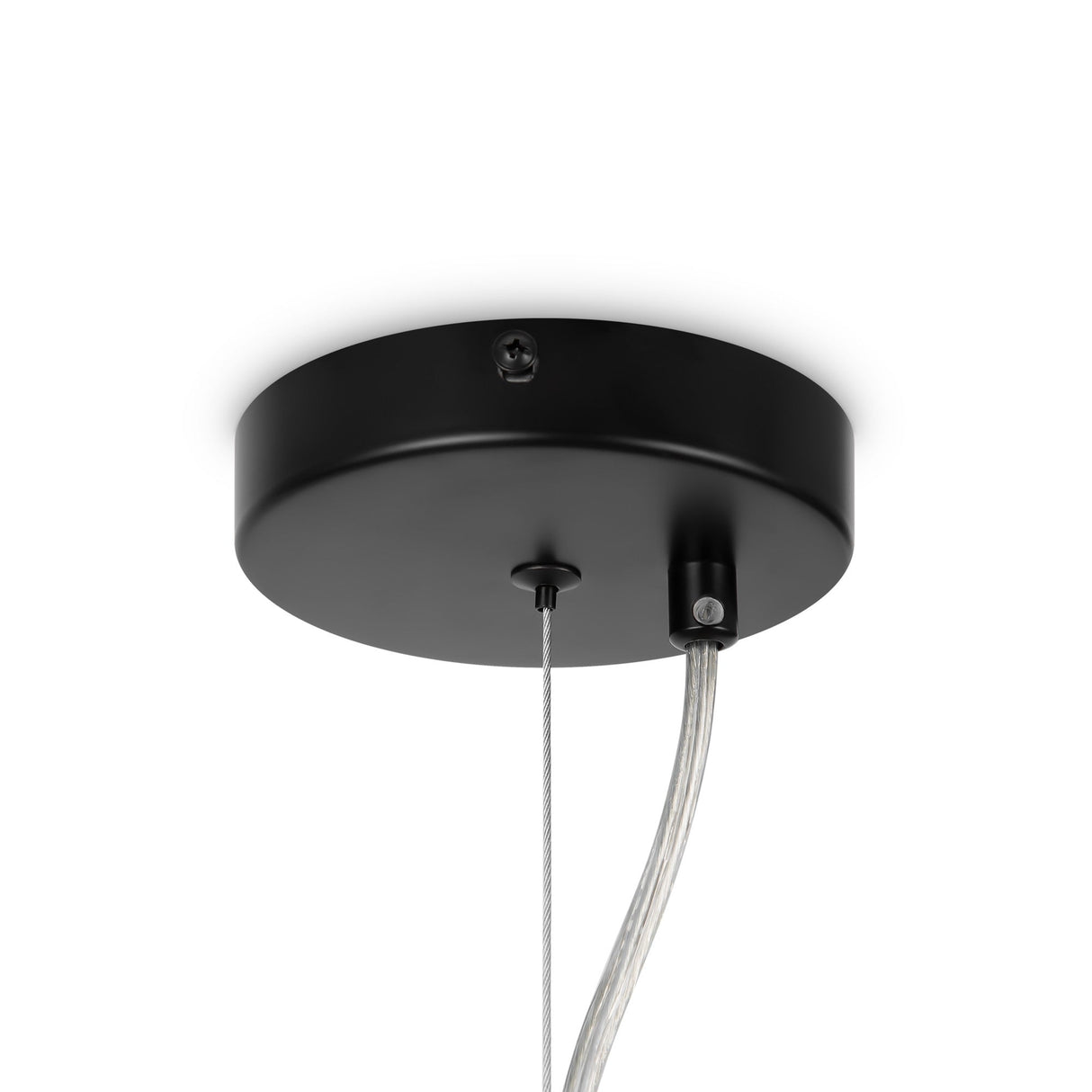 The Dallas 24 Light Chandelier features a sleek black circular design with two extending cables—a thin metallic and a thicker opaque—and smoky glass accents. Set against a white background, it evokes minimalist elegance like a modern chandelier.